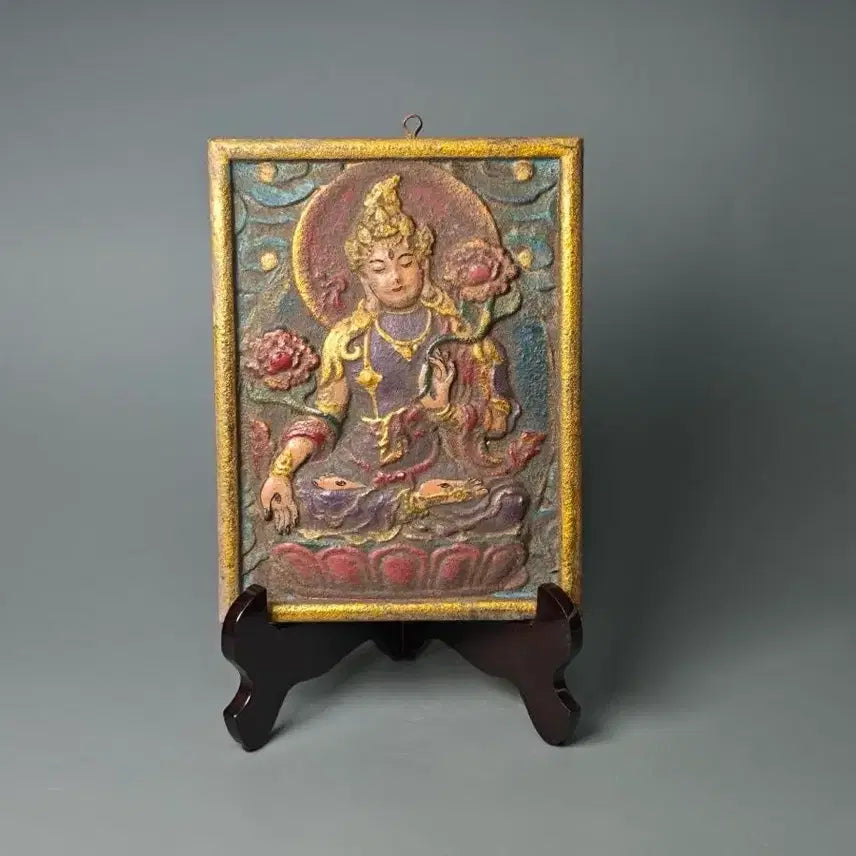 [BUNJANG] Wooden Painted Bodhisattva Seated Statue Tablet Buddhist Art Antique Collectible Buddha Statue / 목제 채색 보살좌상 판불 불교미술 골동품 수집품 불상