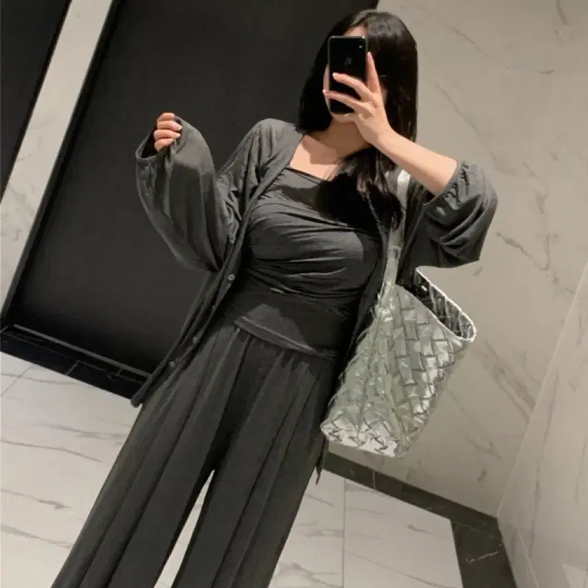 [BUNJANG] Flatper Elastin Chiffon Shirring Sleeveless Two-way Cardigan Wide Pants Set / 플랫퍼 엘라스틴 찰랑 셔링나시 투웨이가디건 와이드팬츠