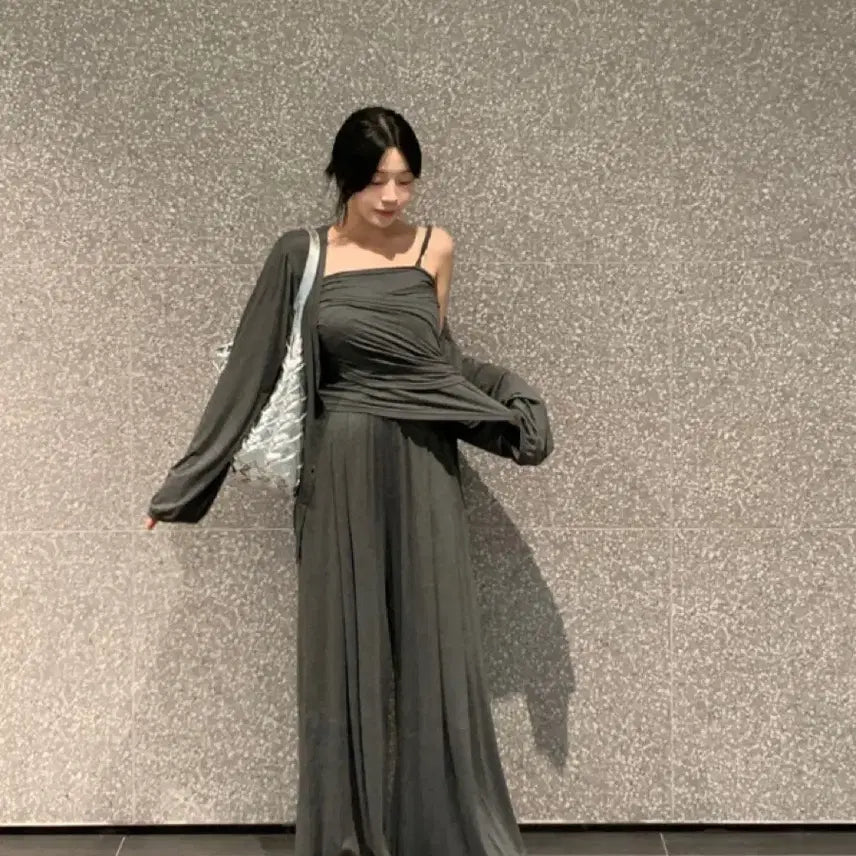 [BUNJANG] Flatper Elastin Chiffon Shirring Sleeveless Two-way Cardigan Wide Pants Set / 플랫퍼 엘라스틴 찰랑 셔링나시 투웨이가디건 와이드팬츠