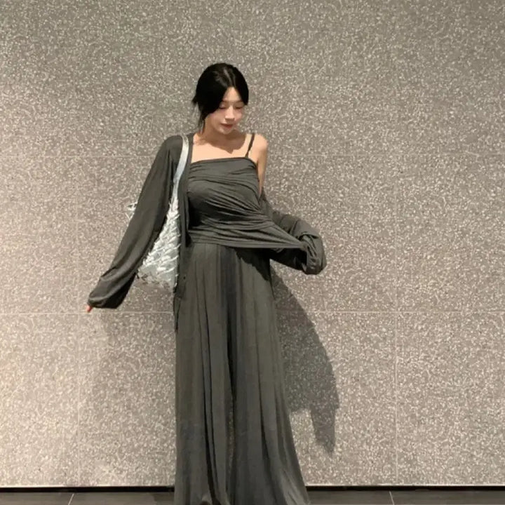 [BUNJANG] Flatper Elastin Chiffon Shirring Sleeveless Two-way Cardigan Wide Pants Set / 플랫퍼 엘라스틴 찰랑 셔링나시 투웨이가디건 와이드팬츠