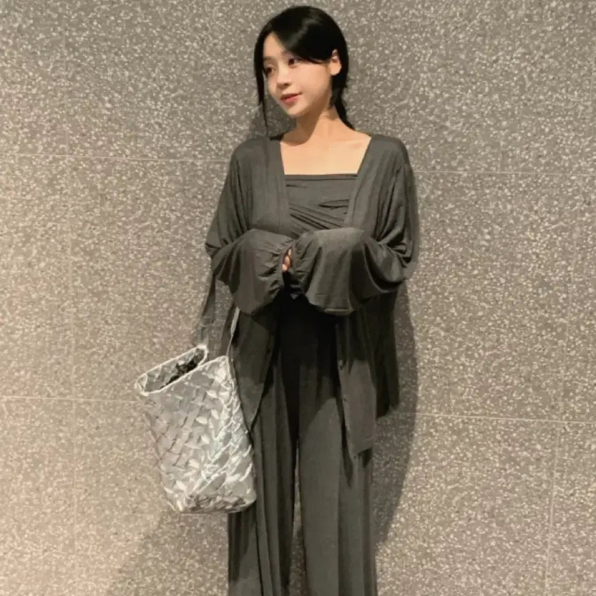 [BUNJANG] Flatper Elastin Chiffon Shirring Sleeveless Two-way Cardigan Wide Pants Set / 플랫퍼 엘라스틴 찰랑 셔링나시 투웨이가디건 와이드팬츠