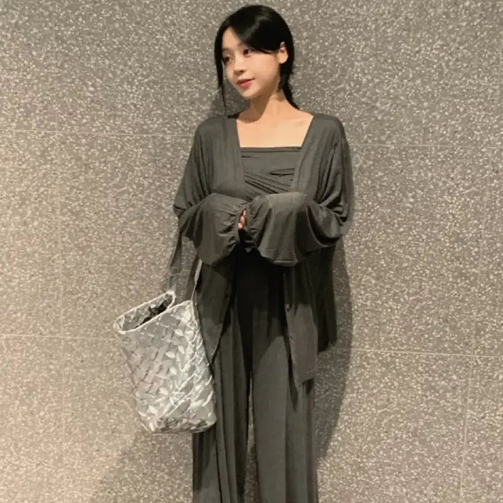 [BUNJANG] Flatper Elastin Chiffon Shirring Sleeveless Two-way Cardigan Wide Pants Set / 플랫퍼 엘라스틴 찰랑 셔링나시 투웨이가디건 와이드팬츠