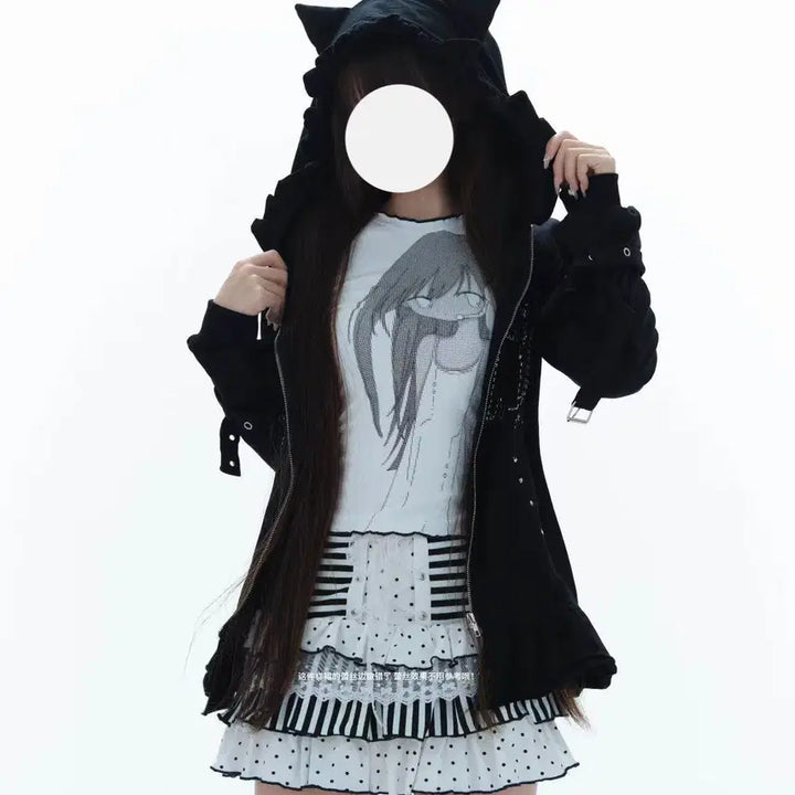[BUNJANG] Black Cat Gothic Lolita Zip-Up Hoodie / 지뢰계 고스로리 블랙캣 후드집업