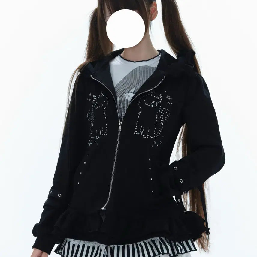 [BUNJANG] Black Cat Gothic Lolita Zip-Up Hoodie / 지뢰계 고스로리 블랙캣 후드집업