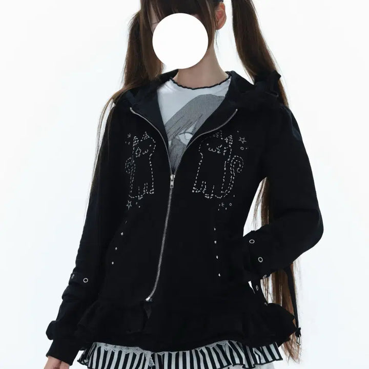 [BUNJANG] Black Cat Gothic Lolita Zip-Up Hoodie / 지뢰계 고스로리 블랙캣 후드집업