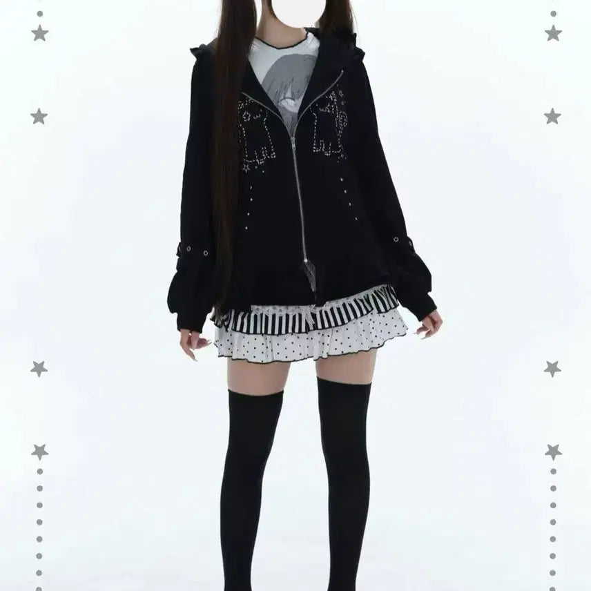 [BUNJANG] Black Cat Gothic Lolita Zip-Up Hoodie / 지뢰계 고스로리 블랙캣 후드집업