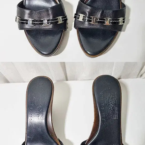 [BUNJANG] Salvatore Ferragamo Wood Heel Leather Sandals Black / 페라가모 샌들 240