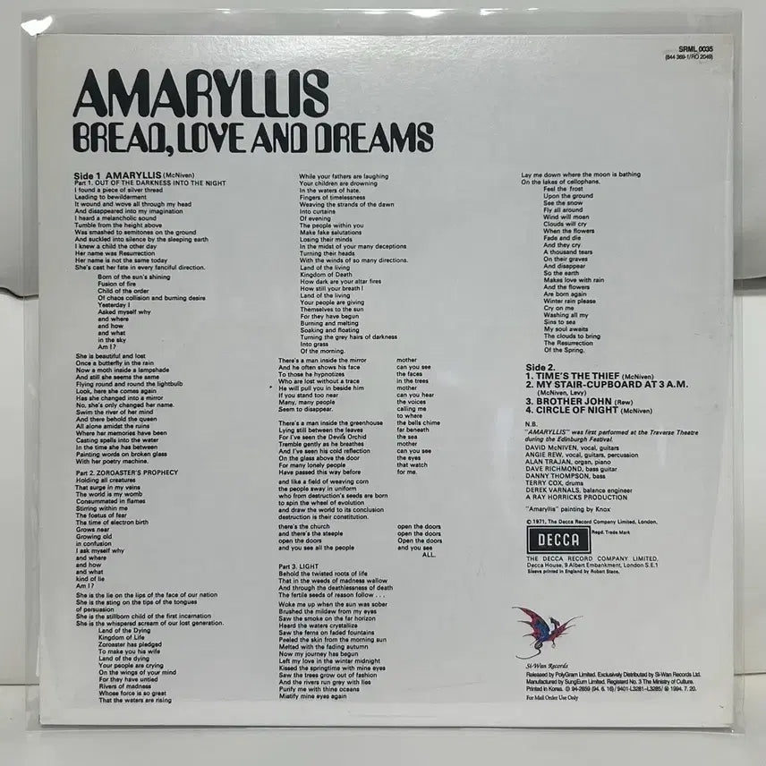 [BUNJANG] Amaryllis Bread, Love &amp; Dreams LP (1994 Si-Wan Records License) / Bread, Love &amp; Dreams