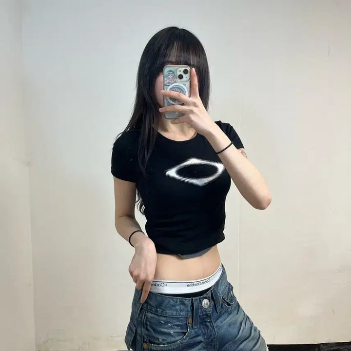 [BUNJANG] Mischief Black Rhombus Crop Tee / 미스치프 블랙 롬버스 크롭티