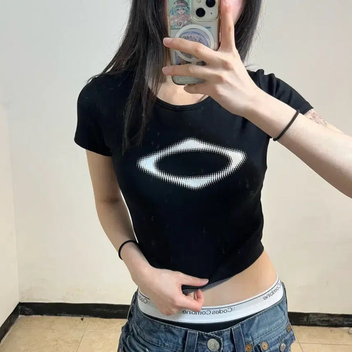 [BUNJANG] Mischief Black Rhombus Crop Tee / 미스치프 블랙 롬버스 크롭티