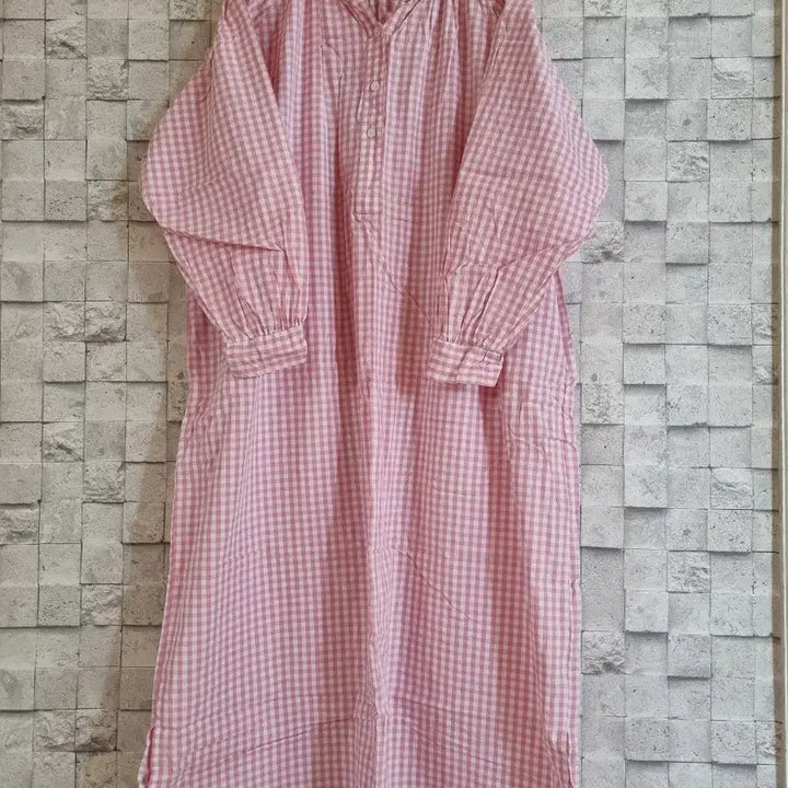 [BUNJANG] Pink Check Pattern Cotton Blend Long Dress / 핑크체크패턴 면혼방 롱원피스