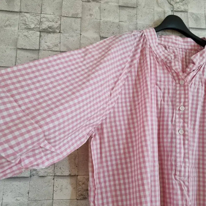 [BUNJANG] Pink Check Pattern Cotton Blend Long Dress / 핑크체크패턴 면혼방 롱원피스