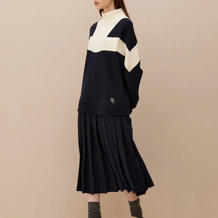 [BUNJANG] Collabatory Fleece Pleats Turtleneck Dress Navy / 콜라보토리 기모 플리츠 목 폴라 하이넥 드레스 롱 원피스 네이비