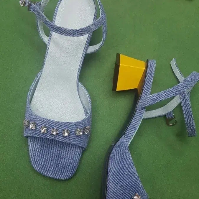 [BUNJANG] Handmade Denim Star Embellished Leather Heels / 별 데님 가죽 수제화