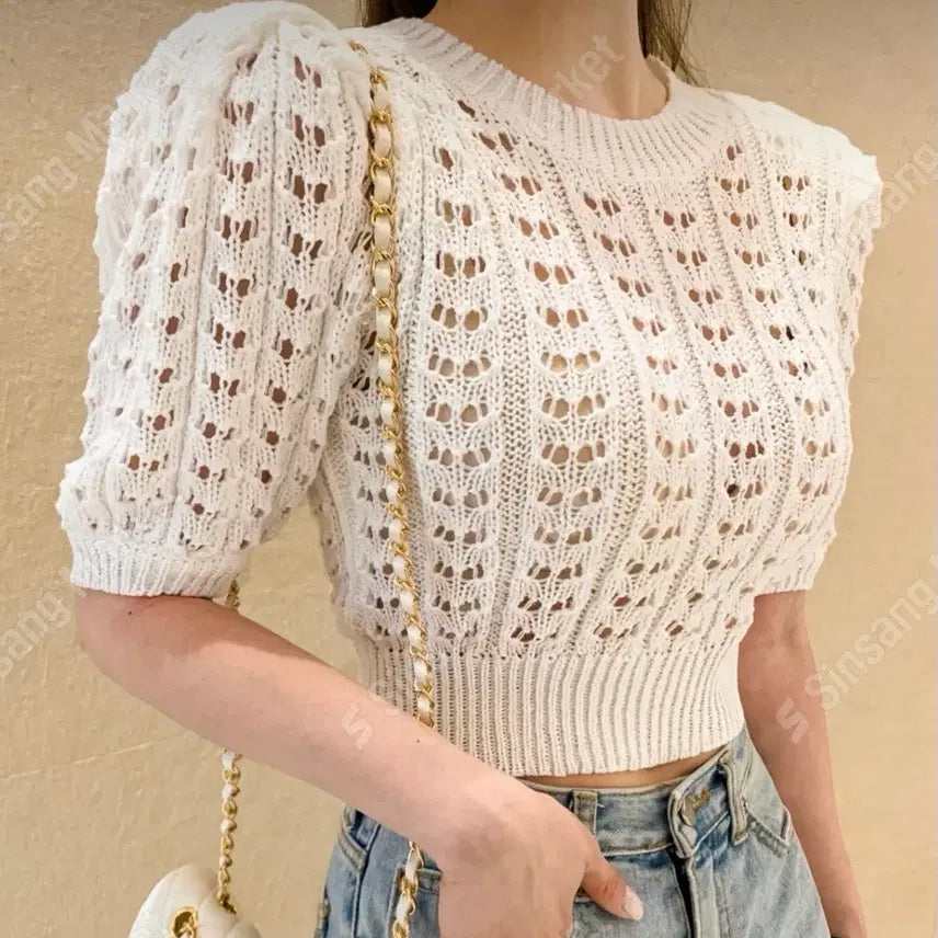 [BUNJANG] White Puff Knit Short Sleeve T-Shirt / 화이트 퍼프 니트 반팔티 (새상품)