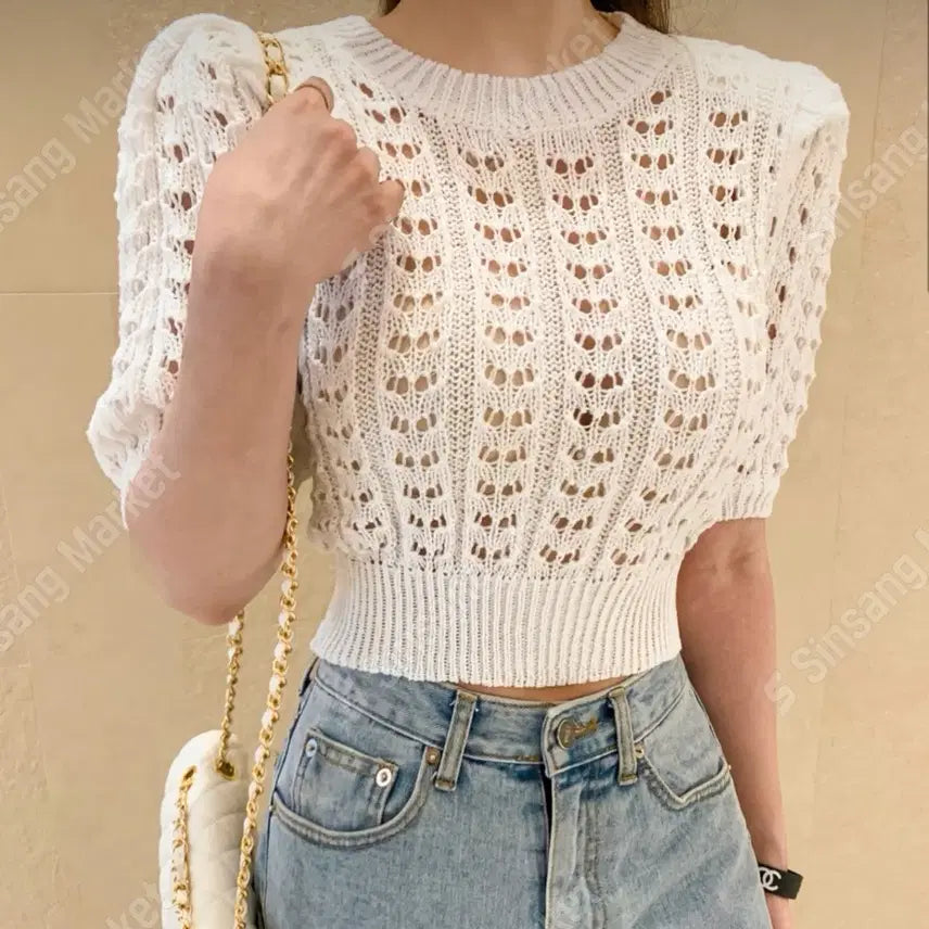 [BUNJANG] White Puff Knit Short Sleeve T-Shirt / 화이트 퍼프 니트 반팔티 (새상품)