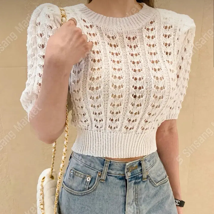 [BUNJANG] White Puff Knit Short Sleeve T-Shirt / 화이트 퍼프 니트 반팔티 (새상품)