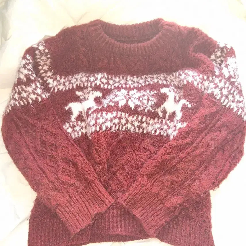 [BUNJANG] Nordic Deer Cable Knit Loose Fit Sweater Red / 노르딕 사슴 꽈배기 루즈핏 니트 레드