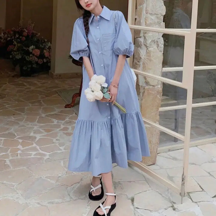 [BUNJANG] Puff Sleeve Button-Up Long Dress / [새상품] 퍼프 소매 셔츠 카라 롱 원피스