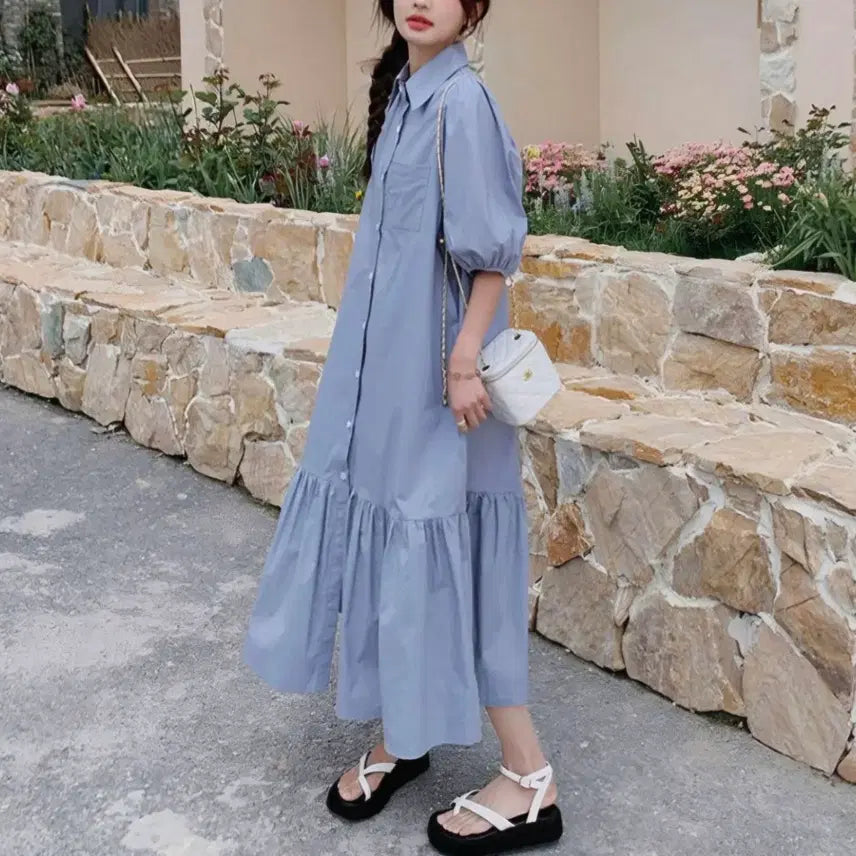 [BUNJANG] Puff Sleeve Button-Up Long Dress / [새상품] 퍼프 소매 셔츠 카라 롱 원피스