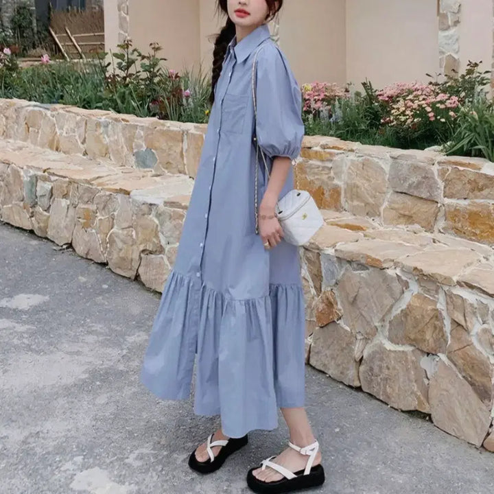 [BUNJANG] Puff Sleeve Button-Up Long Dress / [새상품] 퍼프 소매 셔츠 카라 롱 원피스