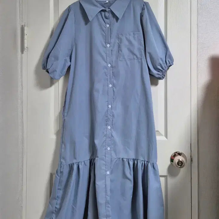 [BUNJANG] Puff Sleeve Button-Up Long Dress / [새상품] 퍼프 소매 셔츠 카라 롱 원피스