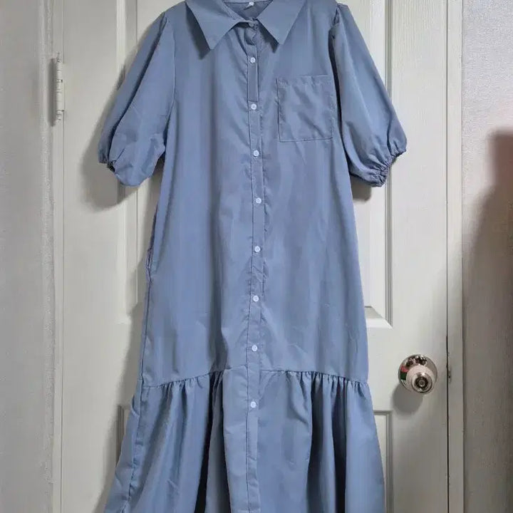 [BUNJANG] Puff Sleeve Button-Up Long Dress / [새상품] 퍼프 소매 셔츠 카라 롱 원피스