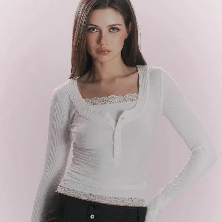 [BUNJANG] Please No Follow Tanny Button Ribbed Long Sleeve Top White / 플리즈노팔로우 플노팔 Tanny 태니 버튼 탑(화이트)