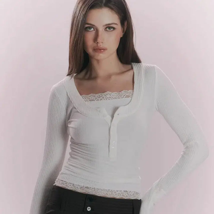 [BUNJANG] Please No Follow Tanny Button Ribbed Long Sleeve Top White / 플리즈노팔로우 플노팔 Tanny 태니 버튼 탑(화이트)