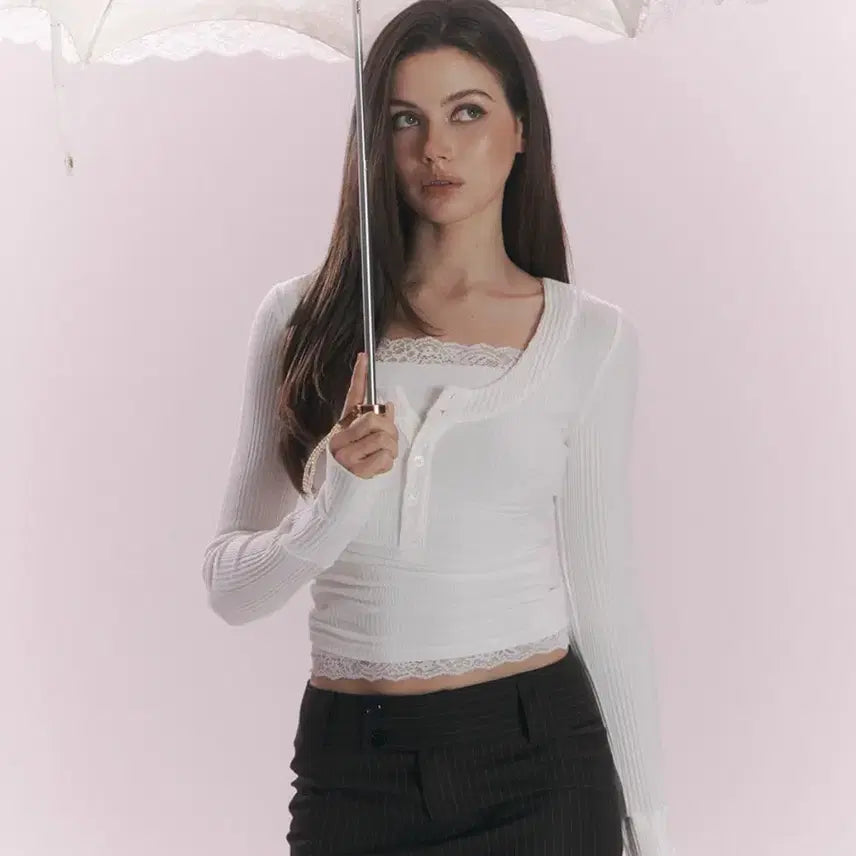 [BUNJANG] Please No Follow Tanny Button Ribbed Long Sleeve Top White / 플리즈노팔로우 플노팔 Tanny 태니 버튼 탑(화이트)