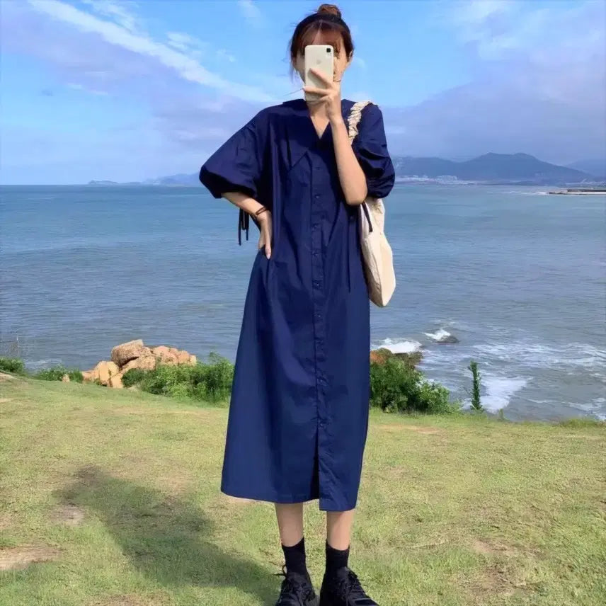 [BUNJANG] Puff Sleeve Collar Shirt Short Sleeve Long Dress / [새상품] 퍼프소매 카라 셔츠 반팔 롱 원피스