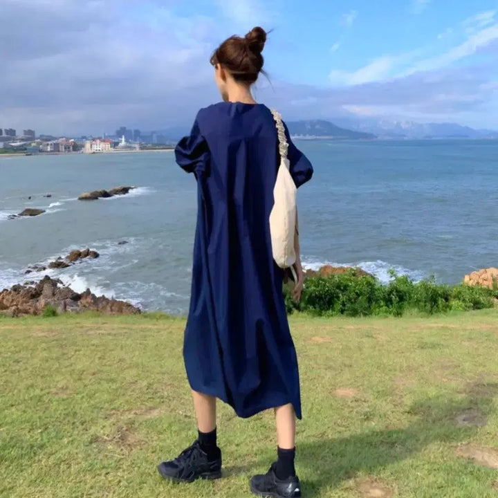 [BUNJANG] Puff Sleeve Collar Shirt Short Sleeve Long Dress / [새상품] 퍼프소매 카라 셔츠 반팔 롱 원피스
