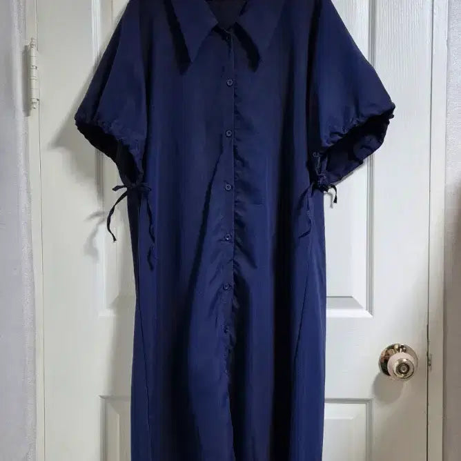 [BUNJANG] Puff Sleeve Collar Shirt Short Sleeve Long Dress / [새상품] 퍼프소매 카라 셔츠 반팔 롱 원피스