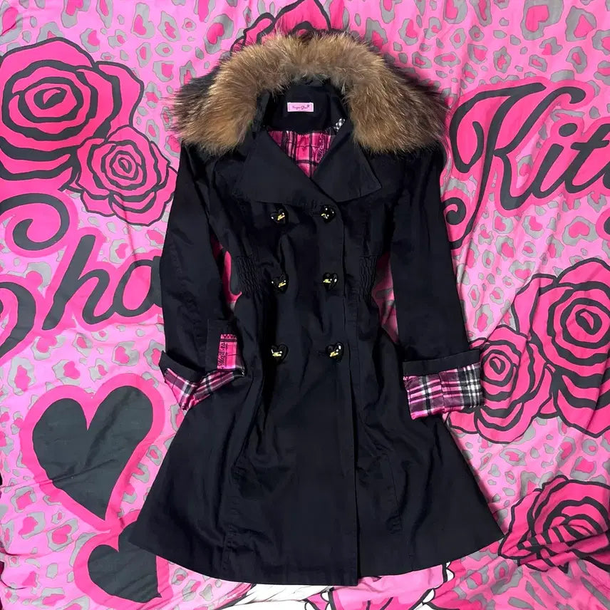 [BUNJANG] MA*RS Blackpink Check Heart Button Fur Trimmed Coat / MA*RS마즈 블랙핑크 체크 하트 버튼 퍼 코트 히메오네갸루109핀터대장