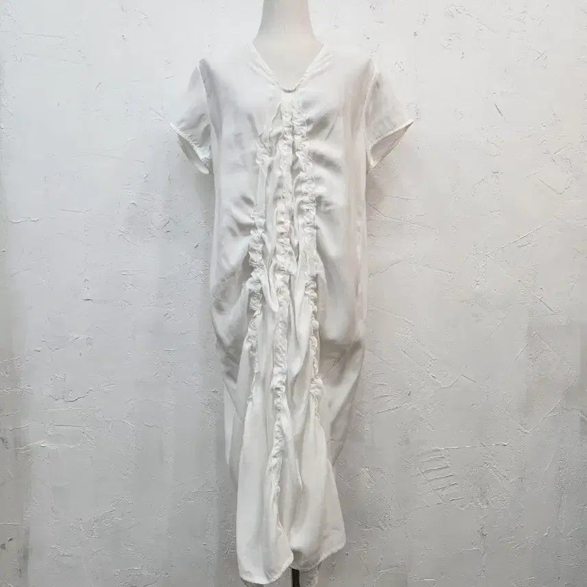 [BUNJANG] White Frill Short-Sleeve Long Dress / 화이트 프릴 반팔 롱 원피스