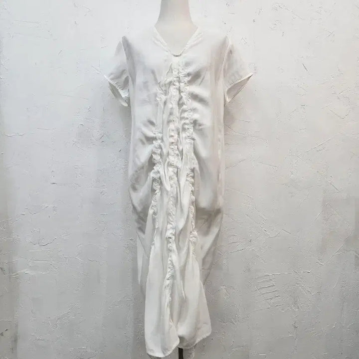 [BUNJANG] White Frill Short-Sleeve Long Dress / 화이트 프릴 반팔 롱 원피스