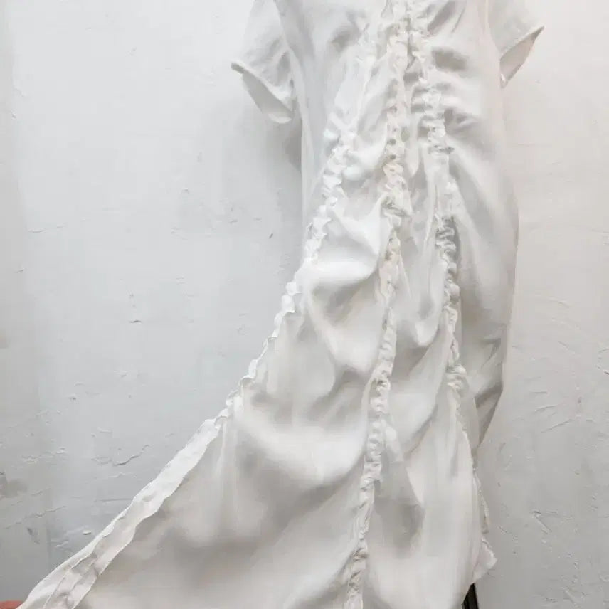 [BUNJANG] White Frill Short-Sleeve Long Dress / 화이트 프릴 반팔 롱 원피스