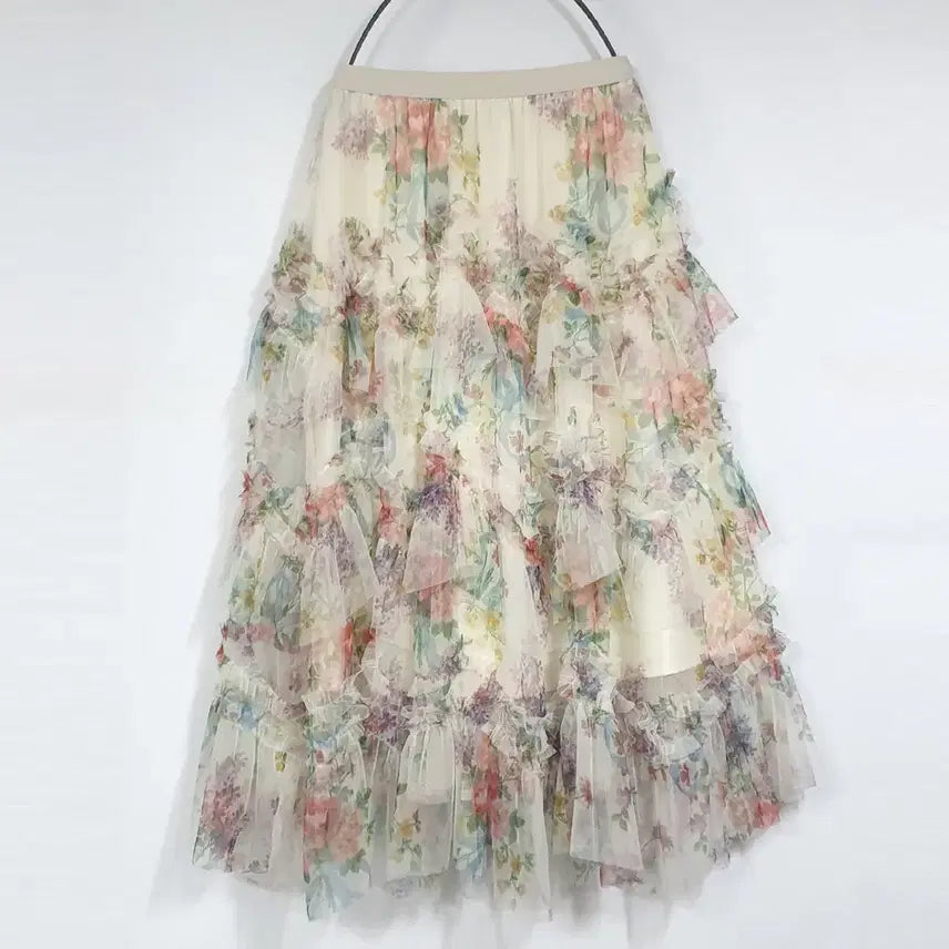 [BUNJANG] Sheer Frill Flower Long Skirt / 풍성한 러블리 망사 프릴스커트