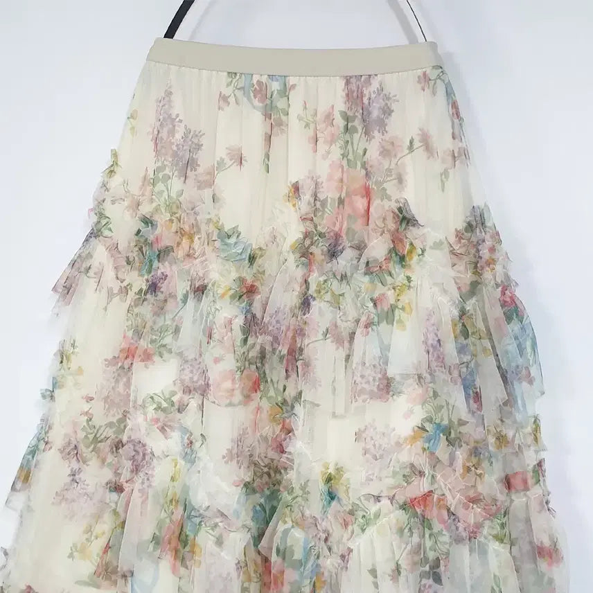[BUNJANG] Sheer Frill Flower Long Skirt / 풍성한 러블리 망사 프릴스커트