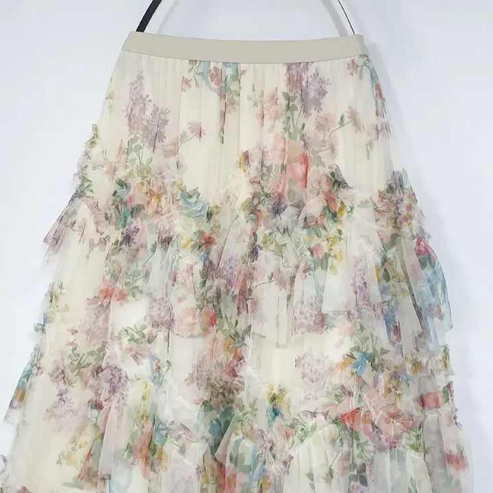 [BUNJANG] Sheer Frill Flower Long Skirt / 풍성한 러블리 망사 프릴스커트