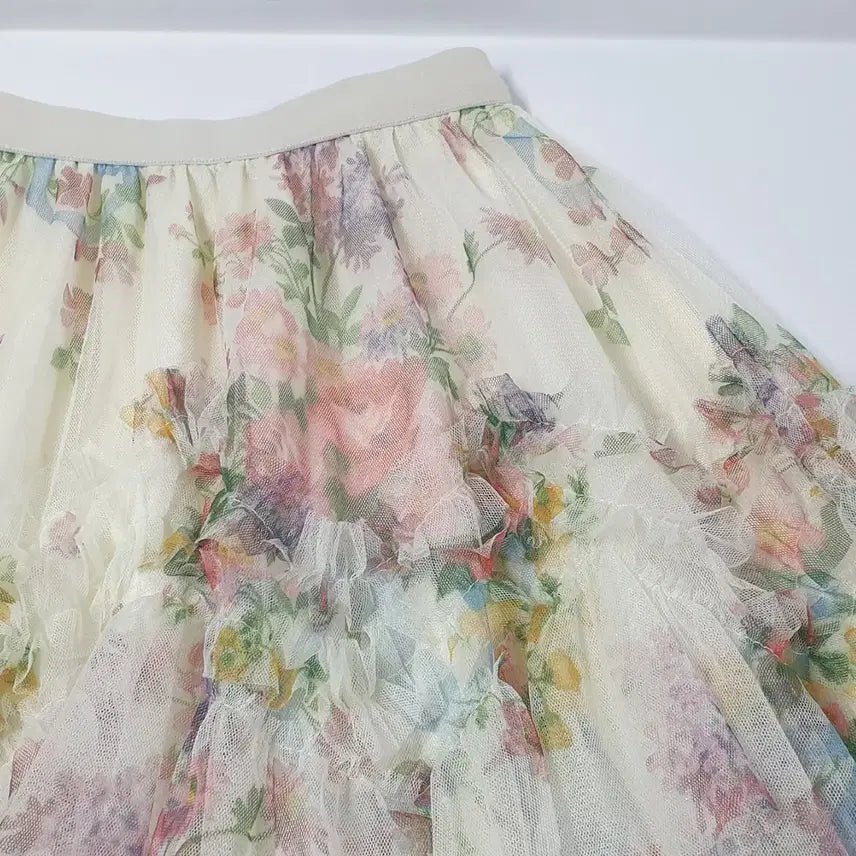 [BUNJANG] Sheer Frill Flower Long Skirt / 풍성한 러블리 망사 프릴스커트
