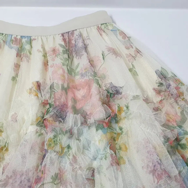 [BUNJANG] Sheer Frill Flower Long Skirt / 풍성한 러블리 망사 프릴스커트