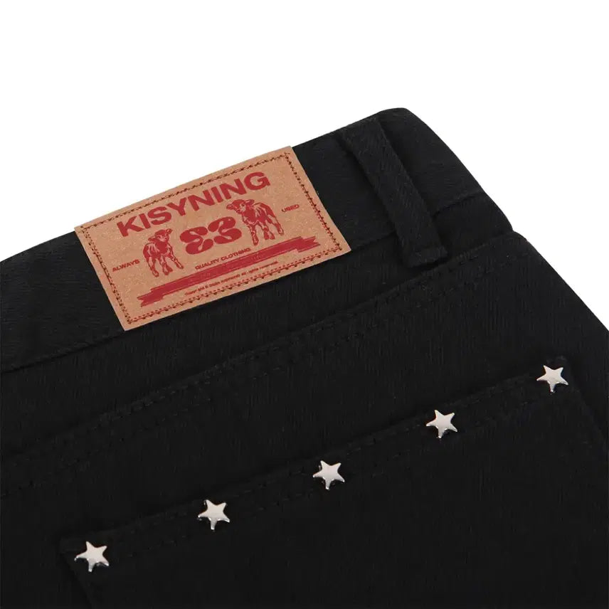 [BUNJANG] Kishining Byul Studded Black Cotton Wide Pants / 새제품/ 키시닝 별 스터드 블랙 코튼 팬츠 데님 와이드팬츠