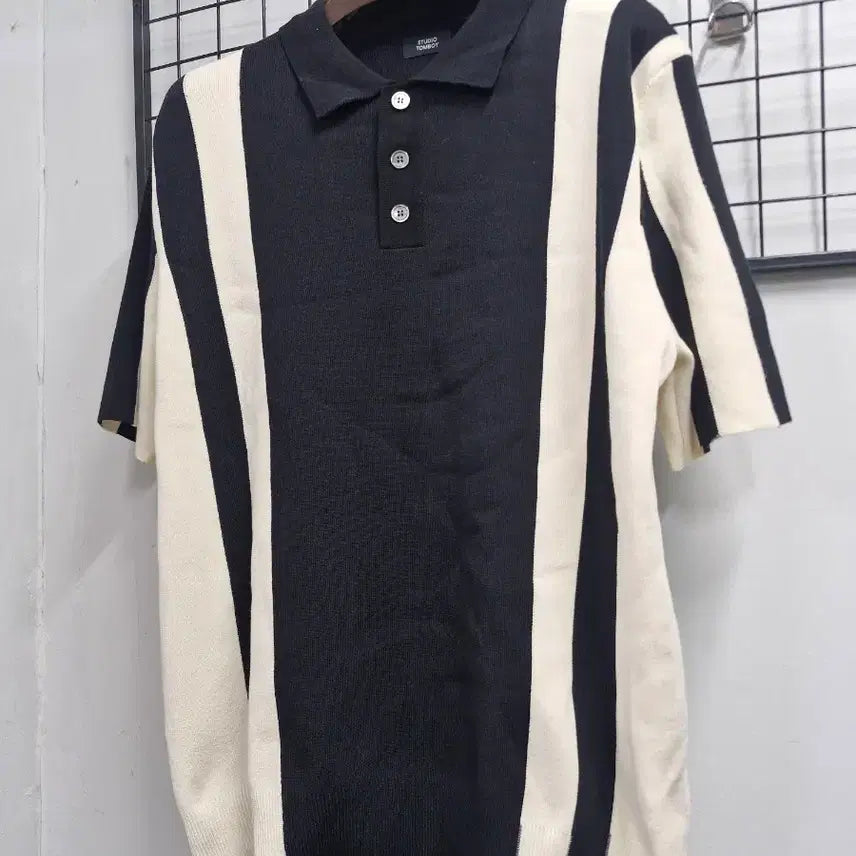 [BUNJANG] Studio Tomboy Vertical Stripe Short Sleeve Knit Top Size 100L / 100L 스튜디오 톰보이 버티컬 스트라이프 카라 반팔 니트.
