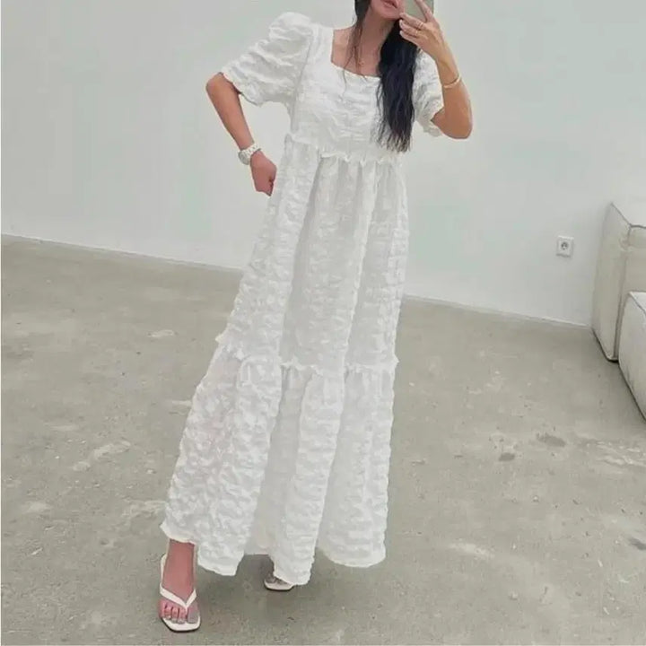 [BUNJANG] Seersucker Puff Sleeve Maxi Dress / 새상품) 여름 시어서커 롱원피스