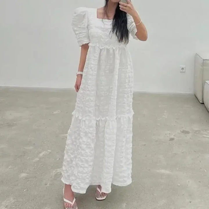 [BUNJANG] Seersucker Puff Sleeve Maxi Dress / 새상품) 여름 시어서커 롱원피스