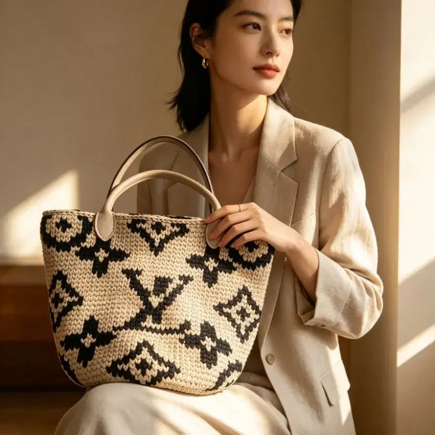 [BUNJANG] Handmade Knit Raffia Tote Bag / 핸드메이드 뜨개 토트백입니다