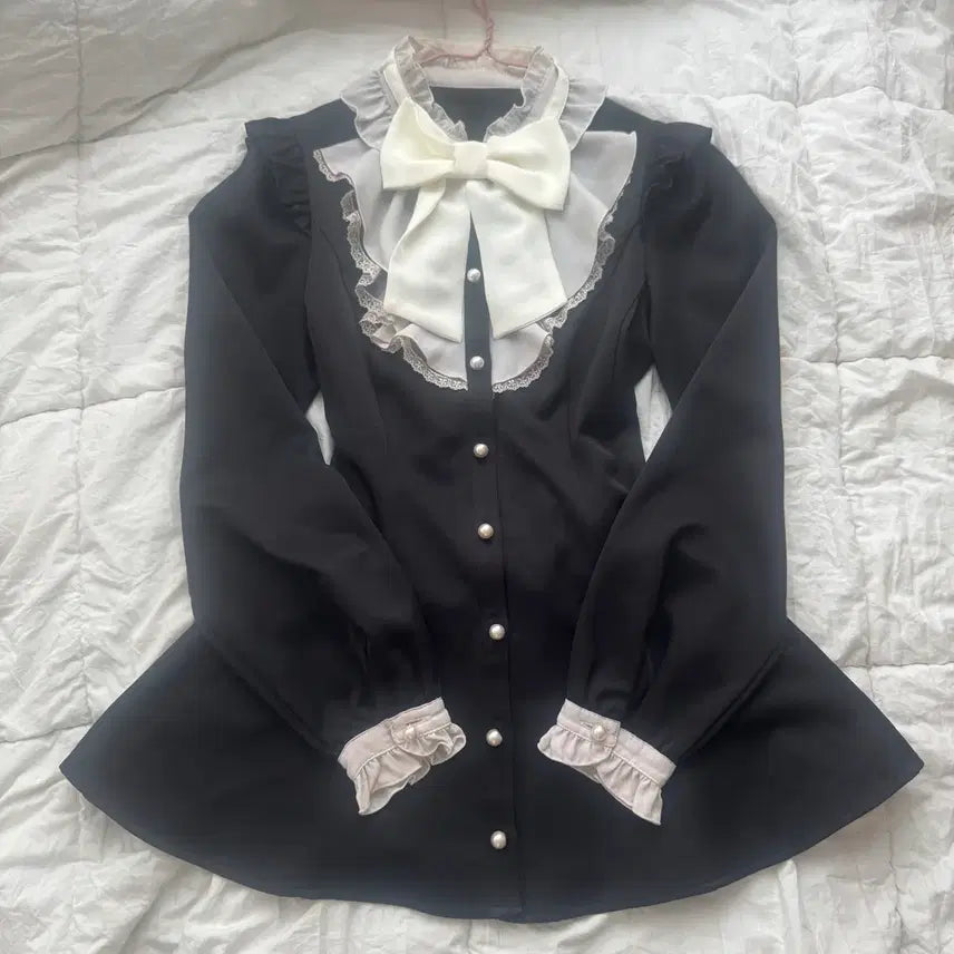 [BUNJANG] Secret Honey Ribbon Ruffle Setup Long Sleeve / 포함값) 시크릿허니 리본 러플 셋업 긴팔 시허니 지뢰계 양산형 리즈리사