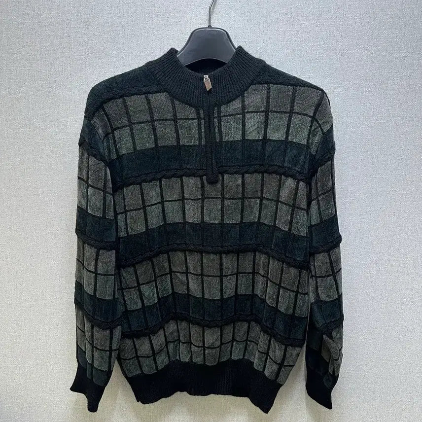 [BUNJANG] Vintage Grunge Check Pattern Half Zip-Up Knit / 빈티지 그런지 코르티스맛 체크패턴 하프집업 니트