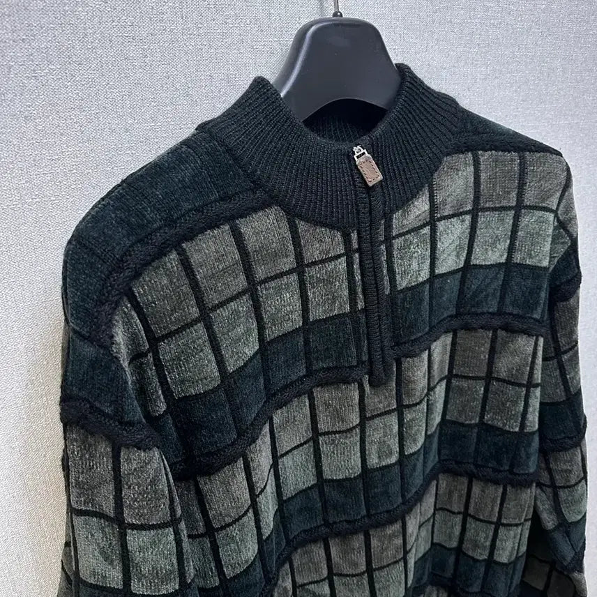 [BUNJANG] Vintage Grunge Check Pattern Half Zip-Up Knit / 빈티지 그런지 코르티스맛 체크패턴 하프집업 니트